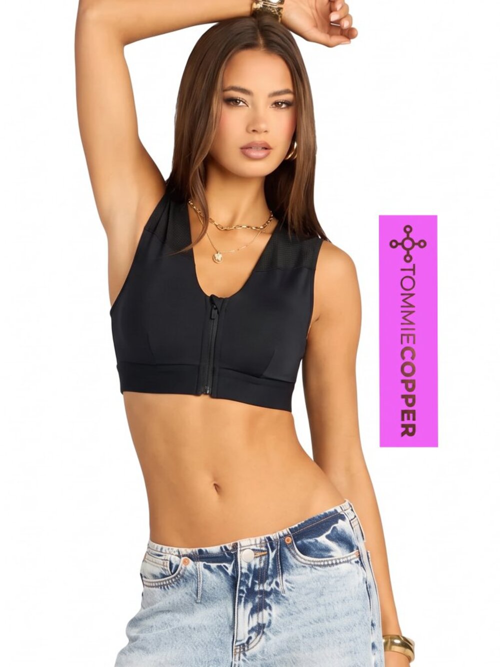 Zip Up Shoulder Support Bra: black